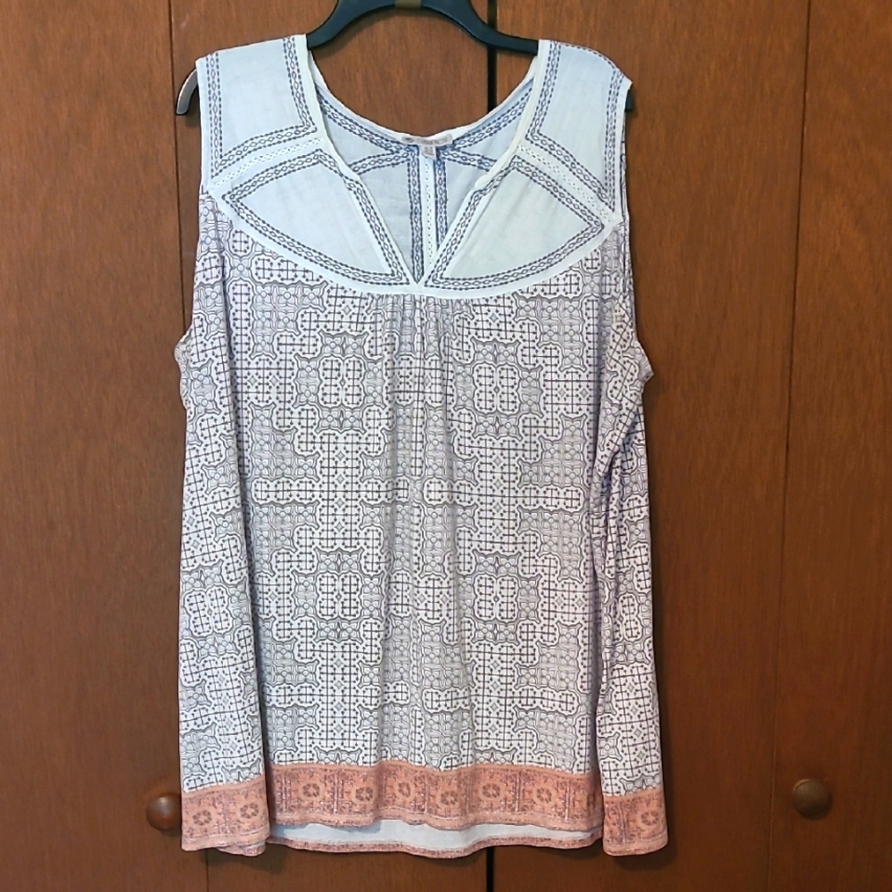 Elaine Rose Sleeveless Blouse With Embroidered Yoke, Sz 3X